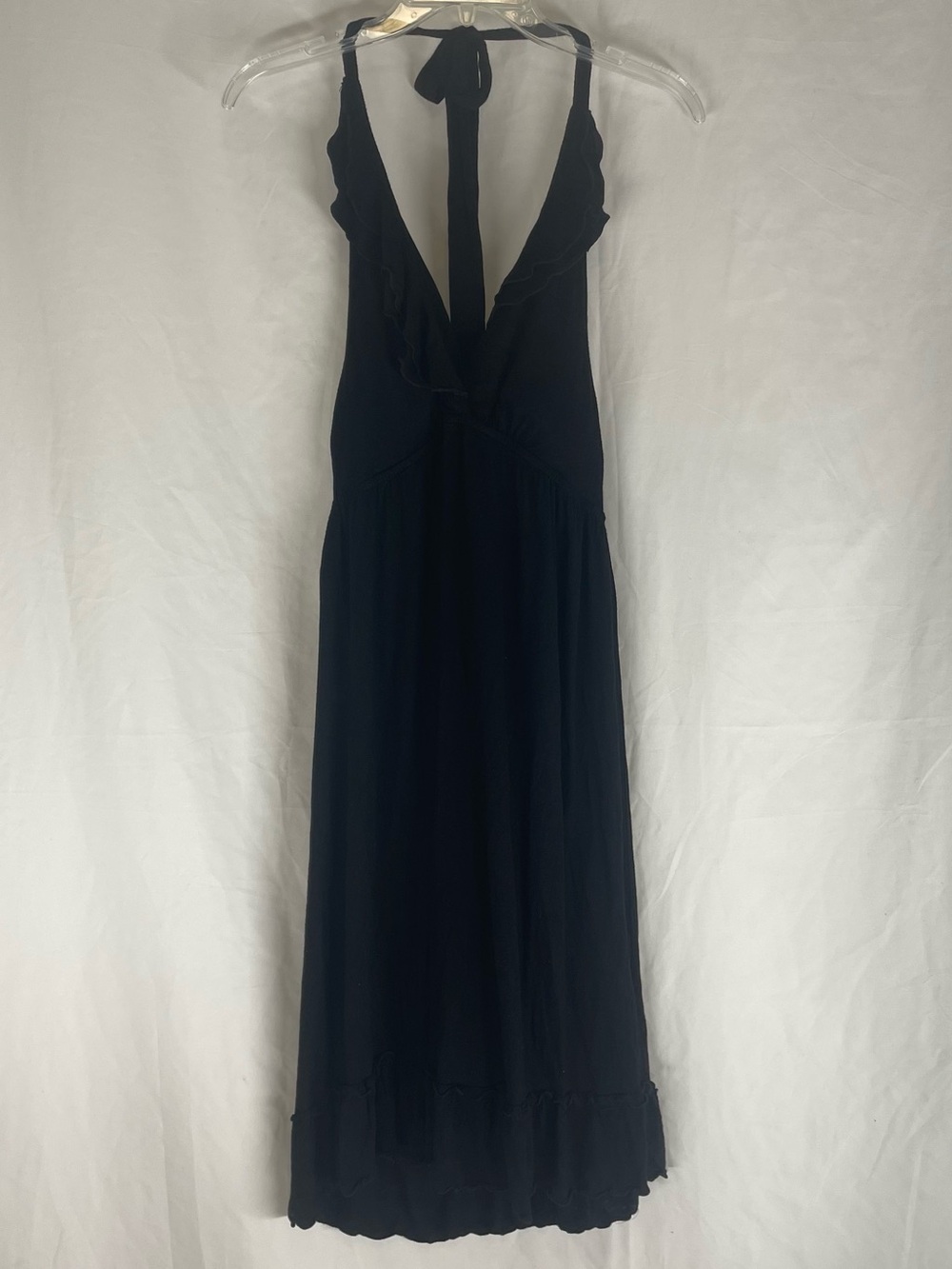 Cha Cha Vente Black Halter Maxi Dress with Ruffle Trim- L